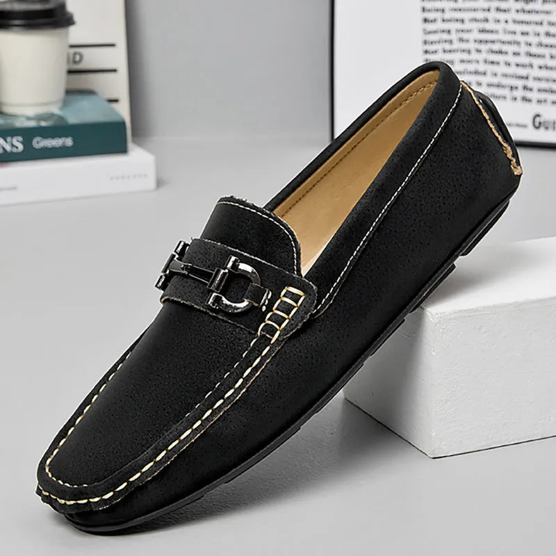 Men's casual slip-on Doug shoes in black, brown, or beige with two-layer cowhide upper, leather lining, and rubber sole.