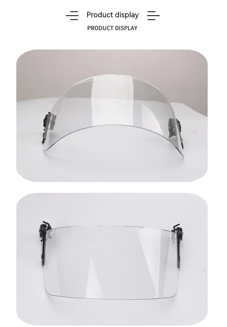Transparent polycarbonate full face shield for safety helmet mounting.