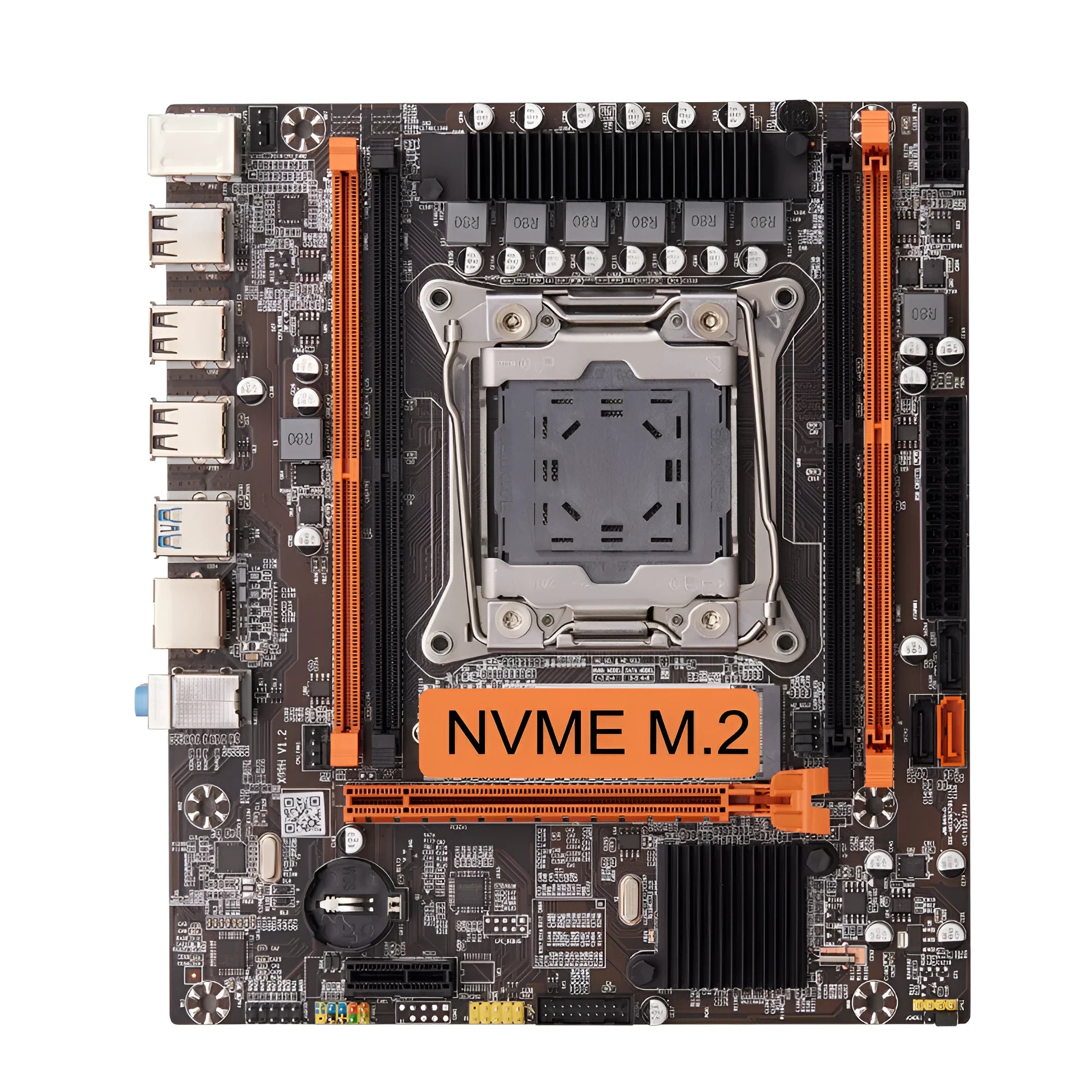 X99 M-ATX motherboard with LGA2011-3 socket, DDR4 support, and M.2 NVMe SATA interface