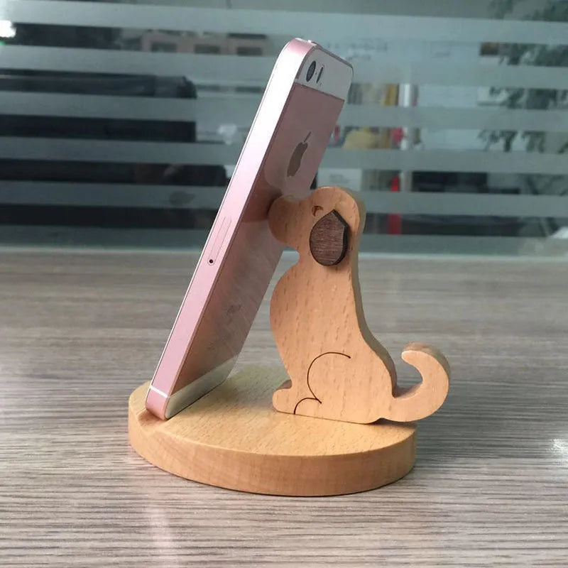 Brown solid wood cartoon puppy phone holder for desktop use with spray-painted finish