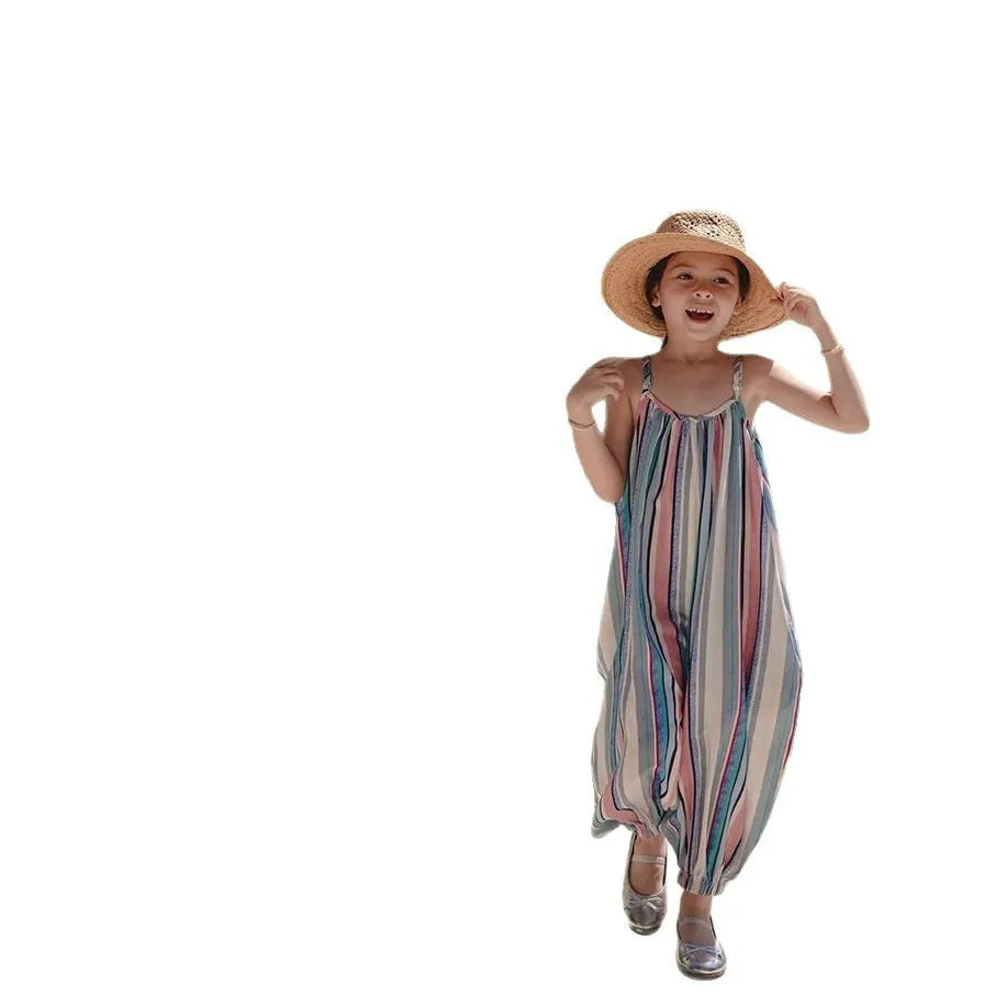 Girls' halter skirt dress with vertical stripes in graphic colour, polyester, sizes 90-140cm