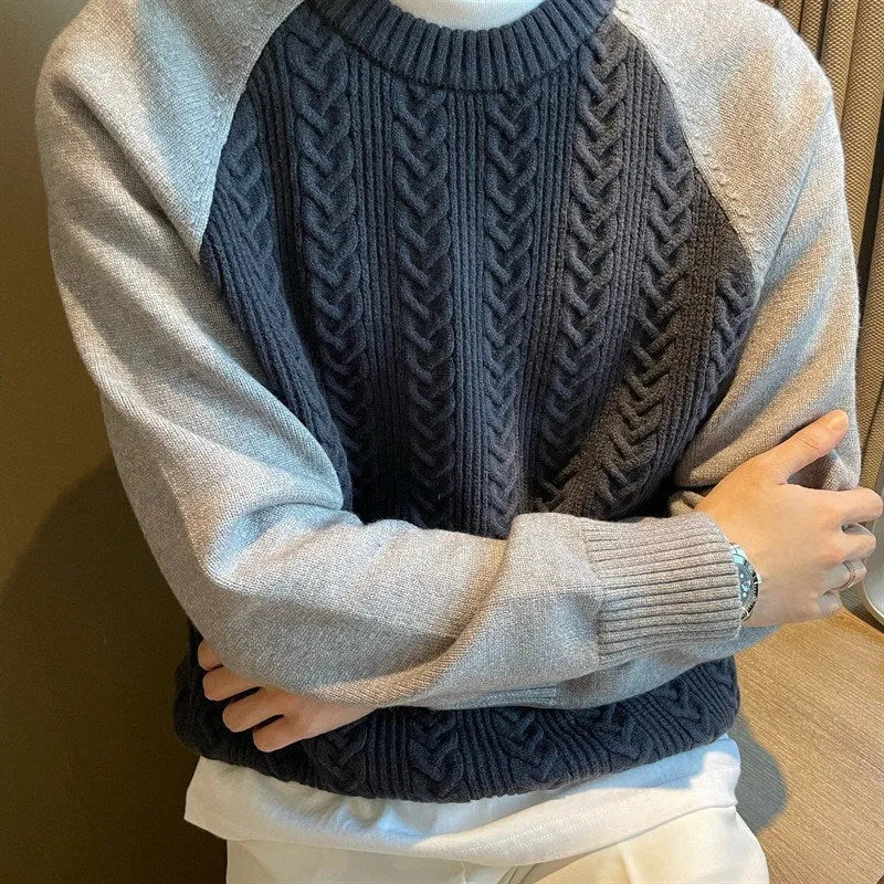 Men's thickened cable knit colour-blocked pullover sweater with long sleeves and round neck in apricot and blue