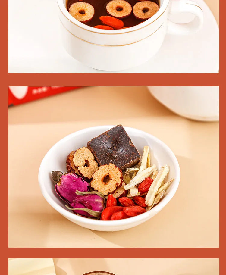 Box of Yuantang brown sugar ginger and jujube tea showing 150g herbal tea bags with natural ingredients