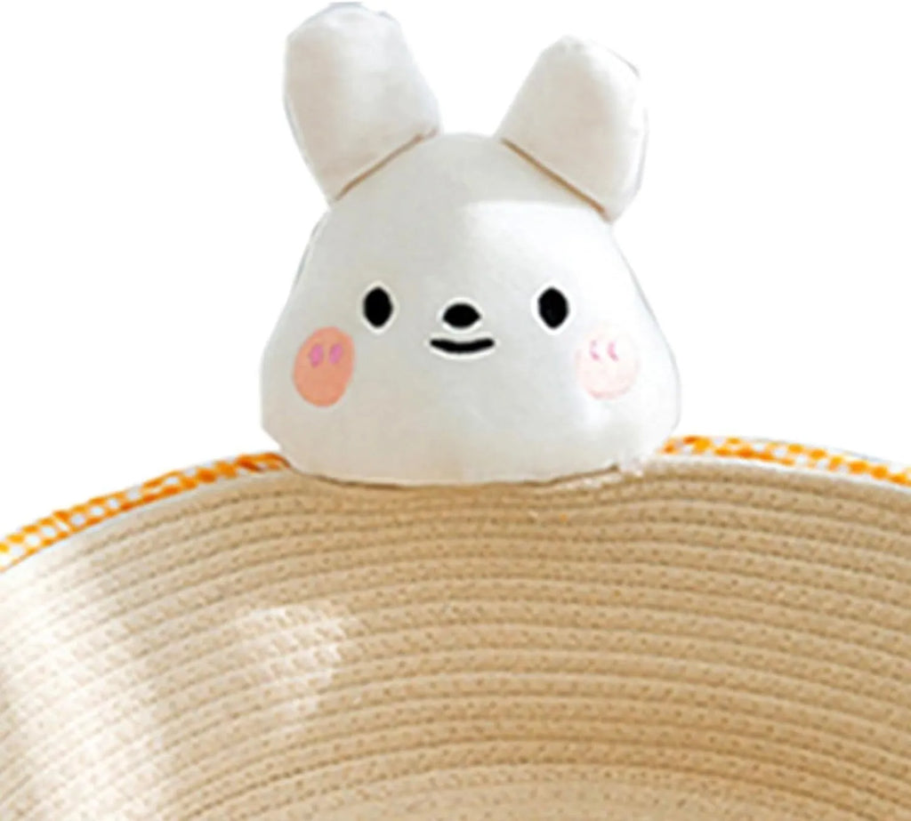 Woven cotton rope cat bed basket with integrated scratch pad, shown in three sizes.