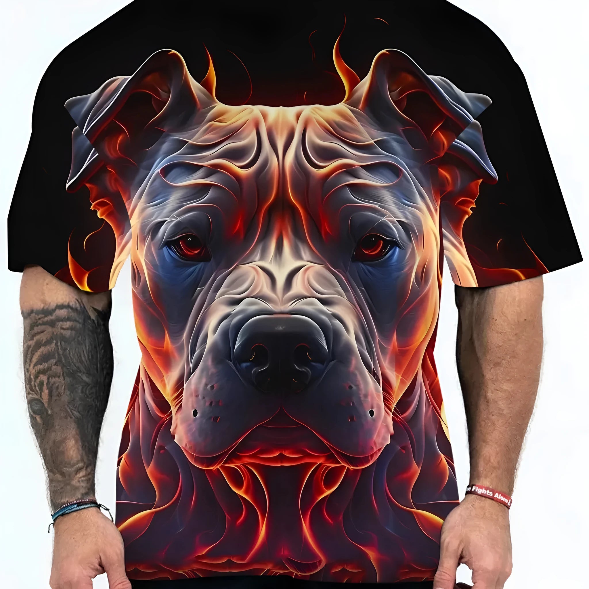 Short sleeve t-shirt with 3D digital animal print showing dog head pattern on polyester blend fabric