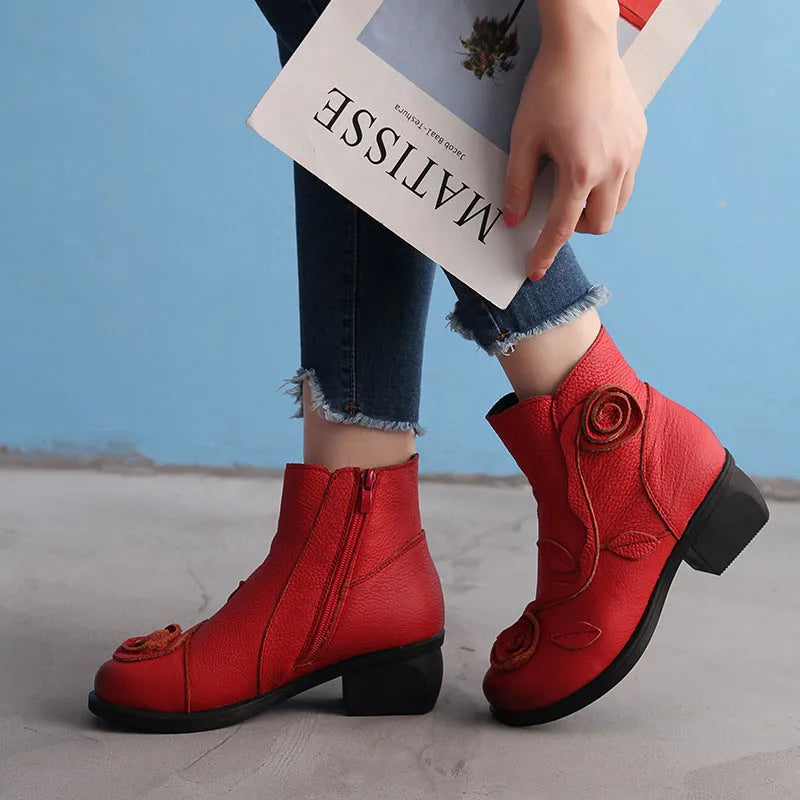 Chunky heel genuine leather Martin boots with flower embossing and stitching in red with velvet lining