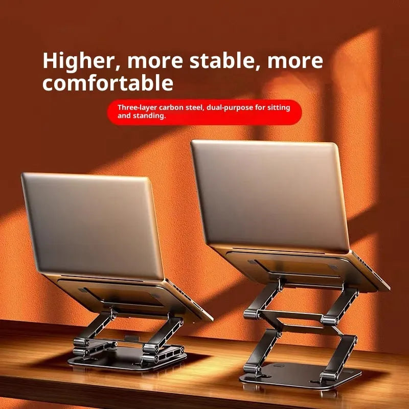 Three-layer elevated laptop stand in Bright Moon Silver on a desk with a laptop below 15.6 inches