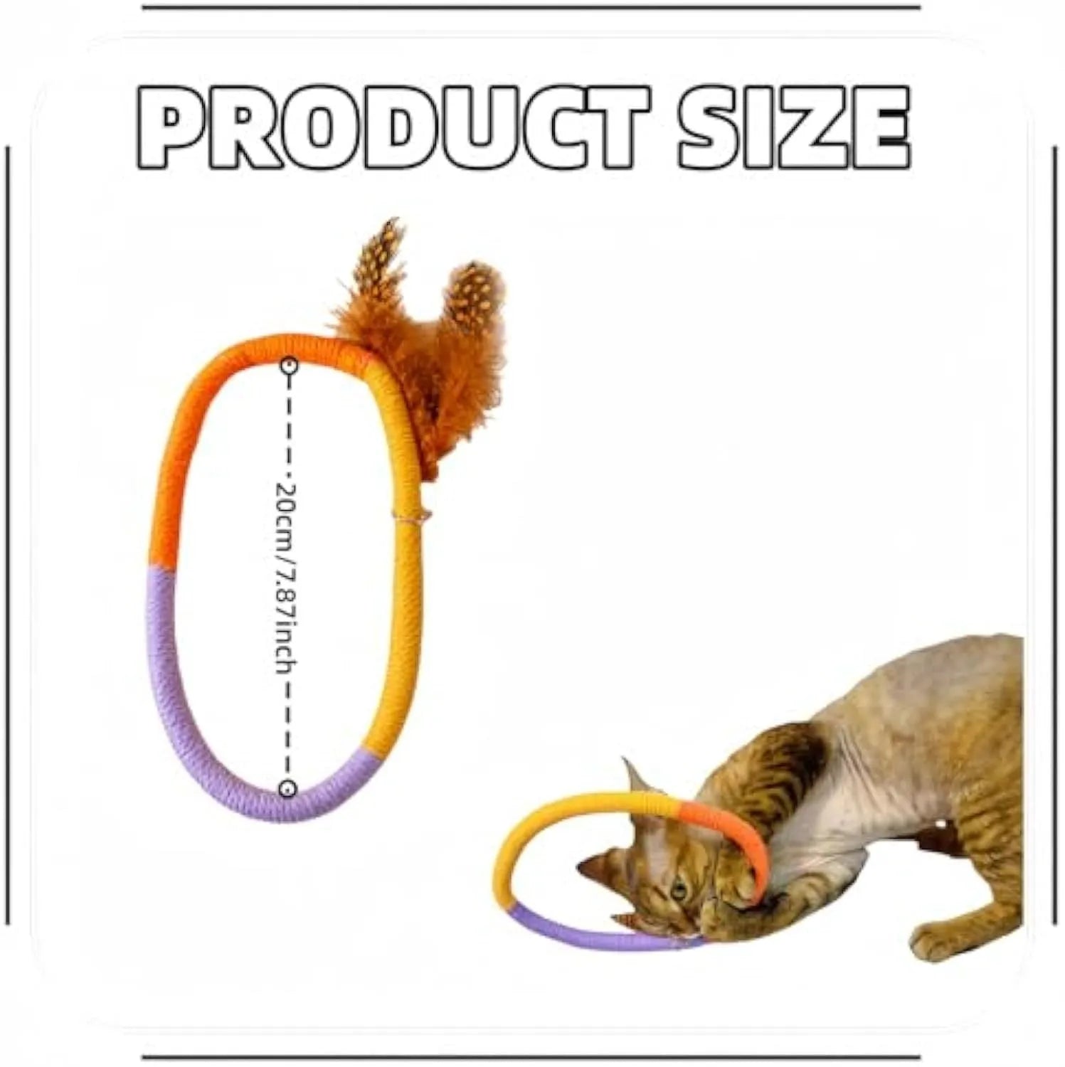 Circular green cotton rope cat toy with feathers and catnip.