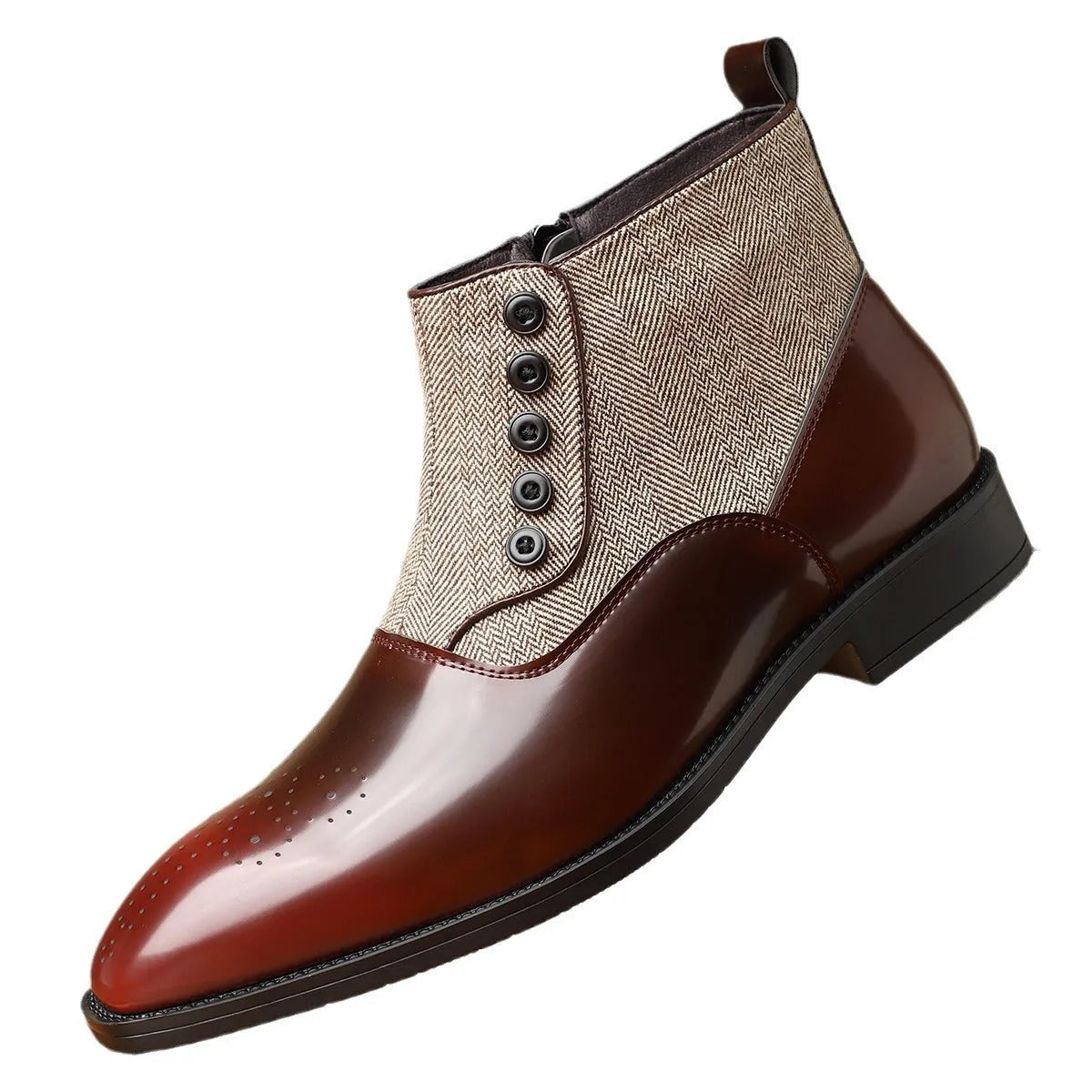 Men's brown formal shoes with side zipper, square toe, and low rubber sole on a neutral background