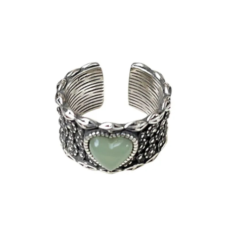 Retro adjustable heart ring with white moonlight design and thickened silver construction