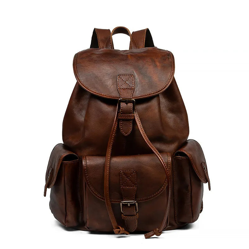 Genuine leather retro backpack for men in light brown with geometric pattern and contrast stitching