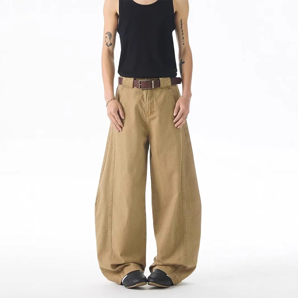 Men's brown loose fit casual jeans with straight leg, button fly, and Korean style design.