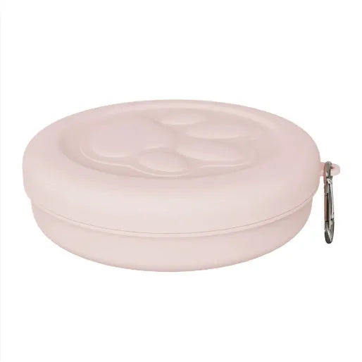 Portable outdoor dog food and water bowl with snack compartment in light green and pink colour options