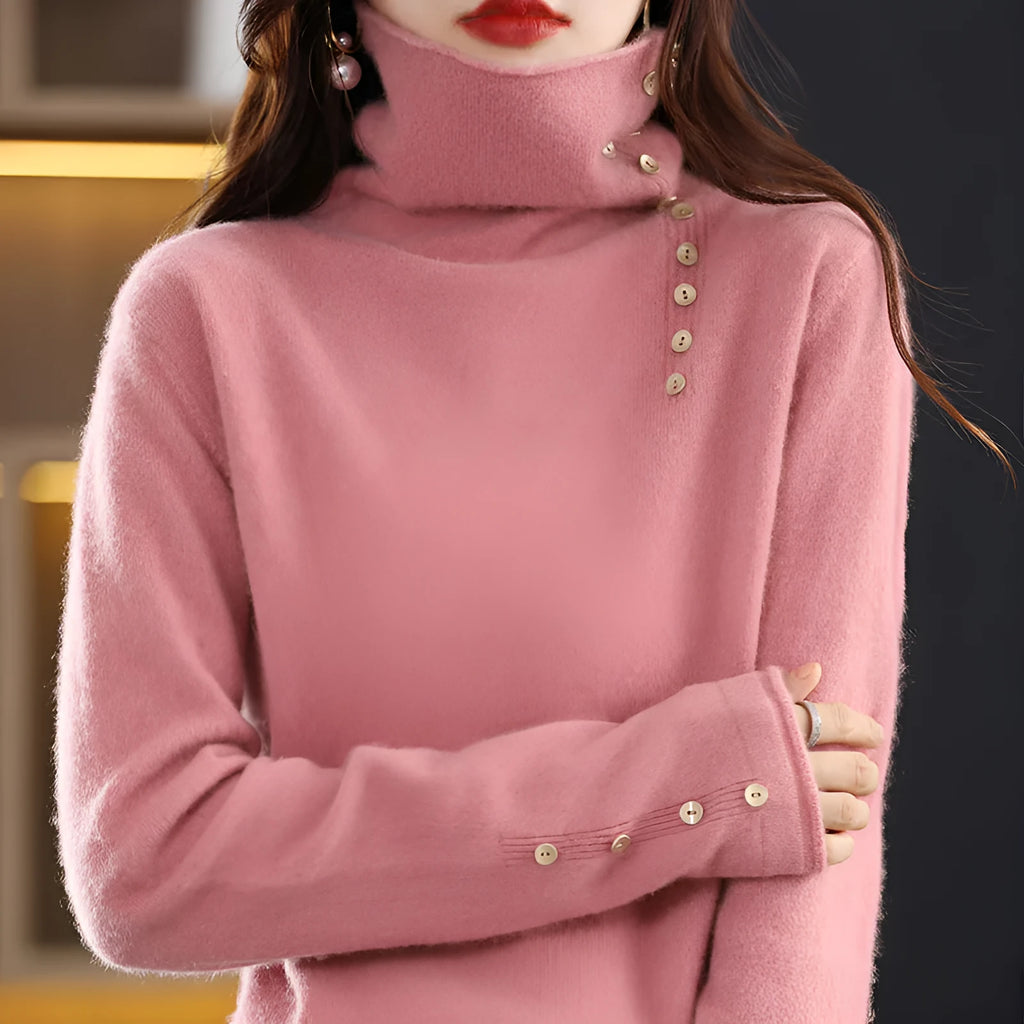 Ladies slim fit knitted pullover shirt in light camel colour on a hanger.