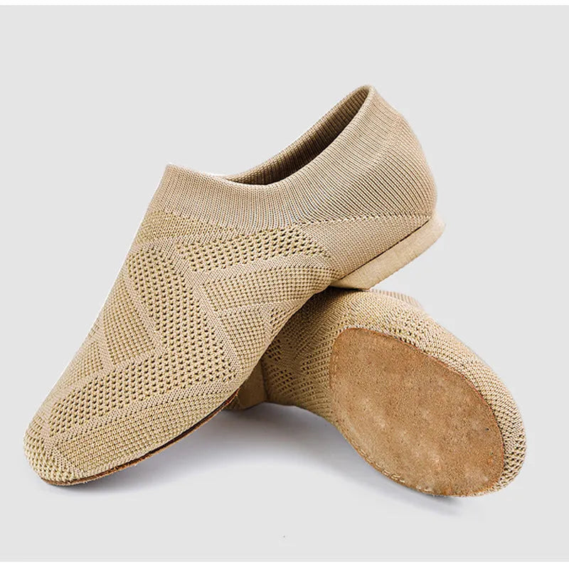 Camel coloured Latin dance shoes with cotton mesh upper and leather sole for contemporary dance and yoga