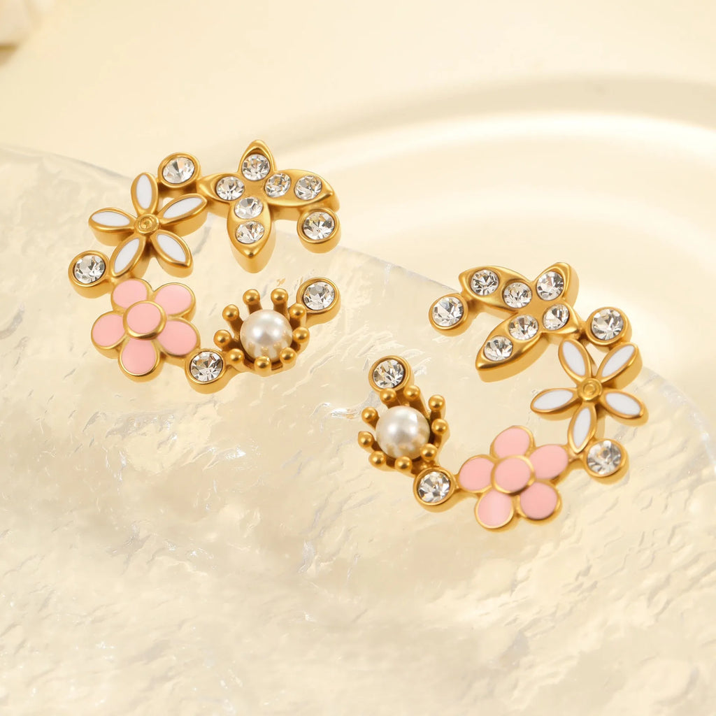 Flower stud earrings with colourful electroplated petals on gold-plated stainless steel