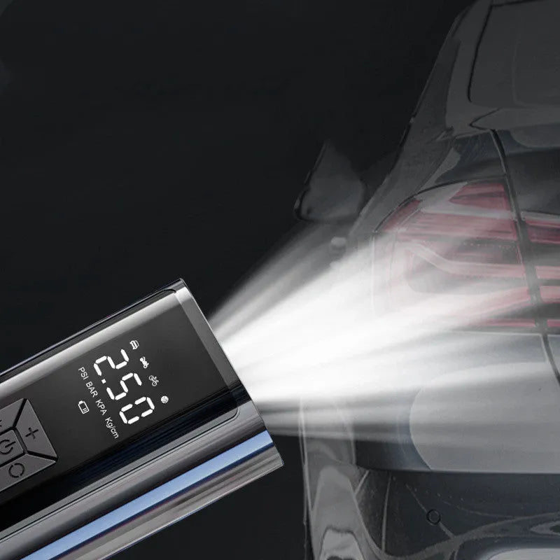Portable wireless car tyre pump with digital display, LED light, and USB port on black ABS housing.