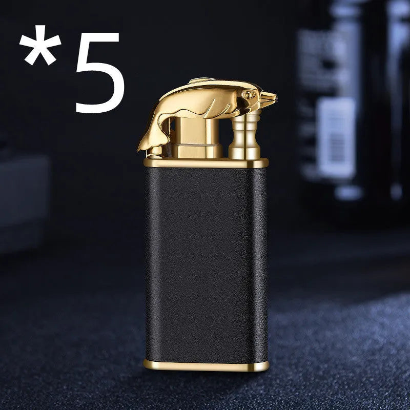 Creative blue flame lighter with windproof double fire and novelty dragon design, metal body