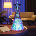 Colourful cartoon-style PET plastic Christmas tree decoration with light, 14.5cm wide by 20cm high.