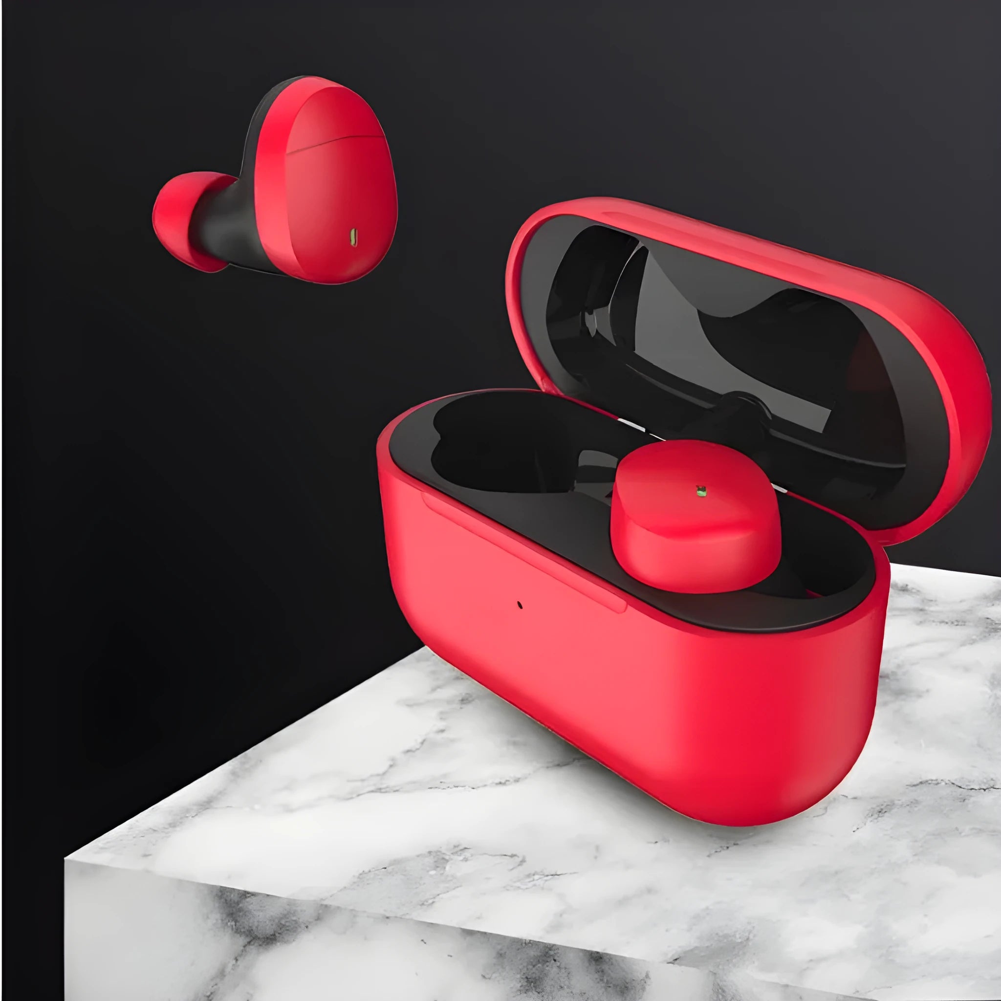 Flame red Qualcomm TWS 3040 Bluetooth wireless stereo earphones with charging cable