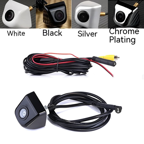 HD waterproof metal car rearview camera for night vision in black, silver, white, and chrome finishes.