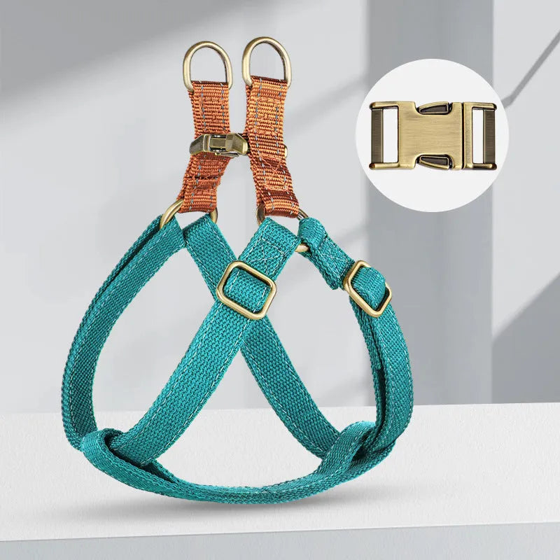 Brown vest-style anti-loss dog leash on mannequin showing cotton construction and alloy fastener