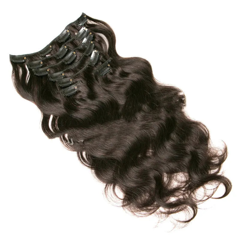 Seven-piece clip-in real human hair extension set in 16-24 inch lengths with clips and headgear