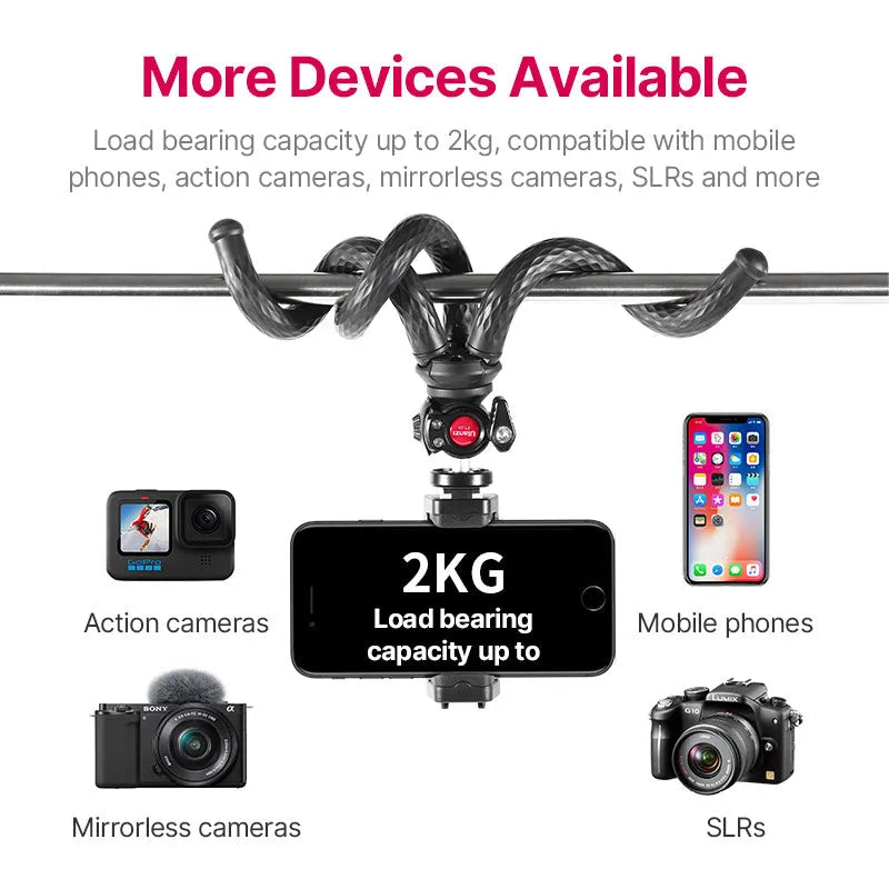 Black octopus-style aluminium alloy mobile phone tripod with adjustable clip, extended to 360mm.
