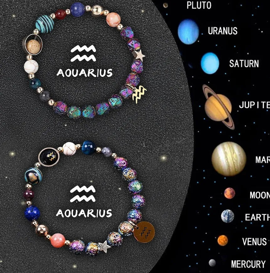 Two natural stone beaded bracelets with adjustable cords on a wooden surface, showing zodiac symbol designs.
