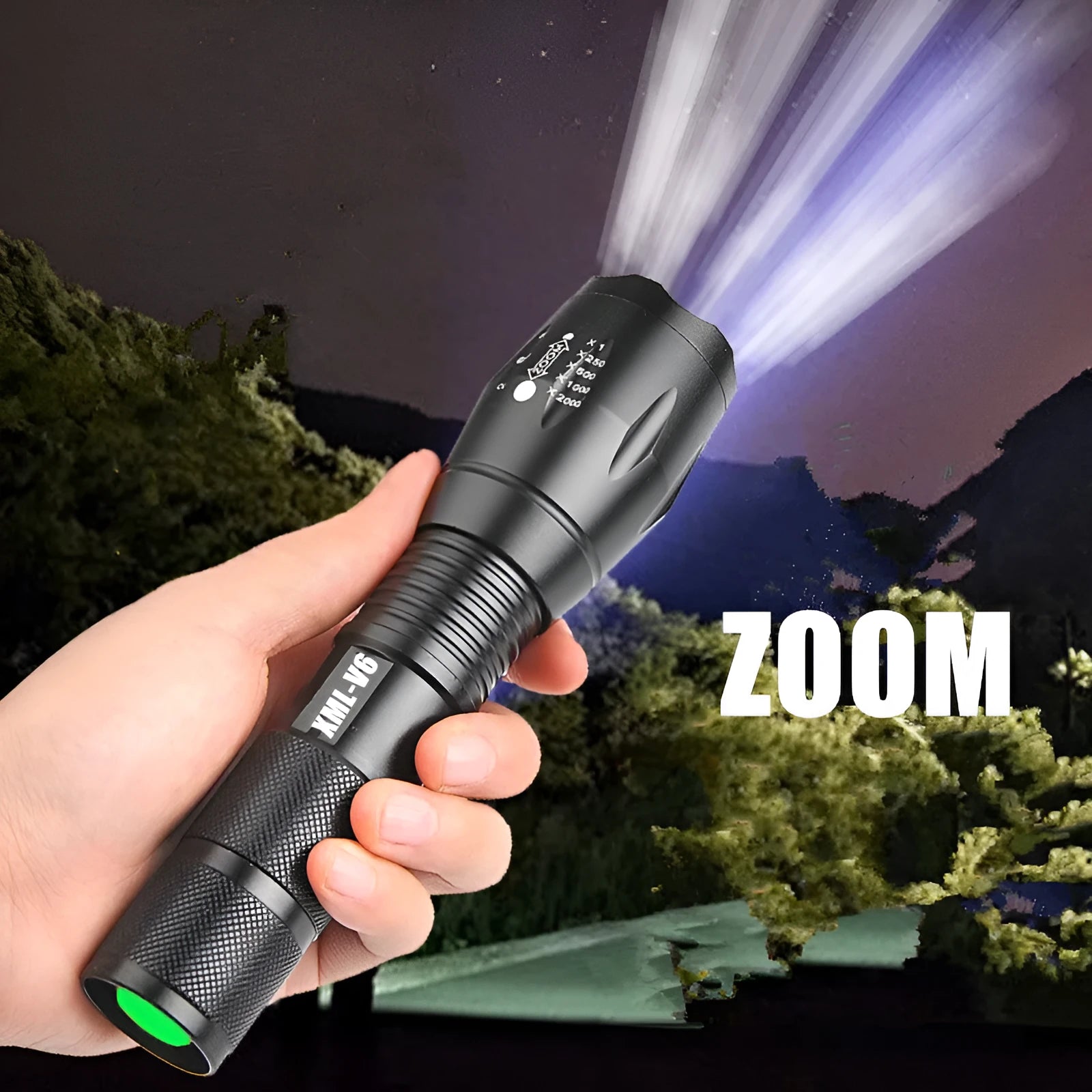 Black aluminium alloy zoomable focus LED torch with antiskid grip on a textured surface.