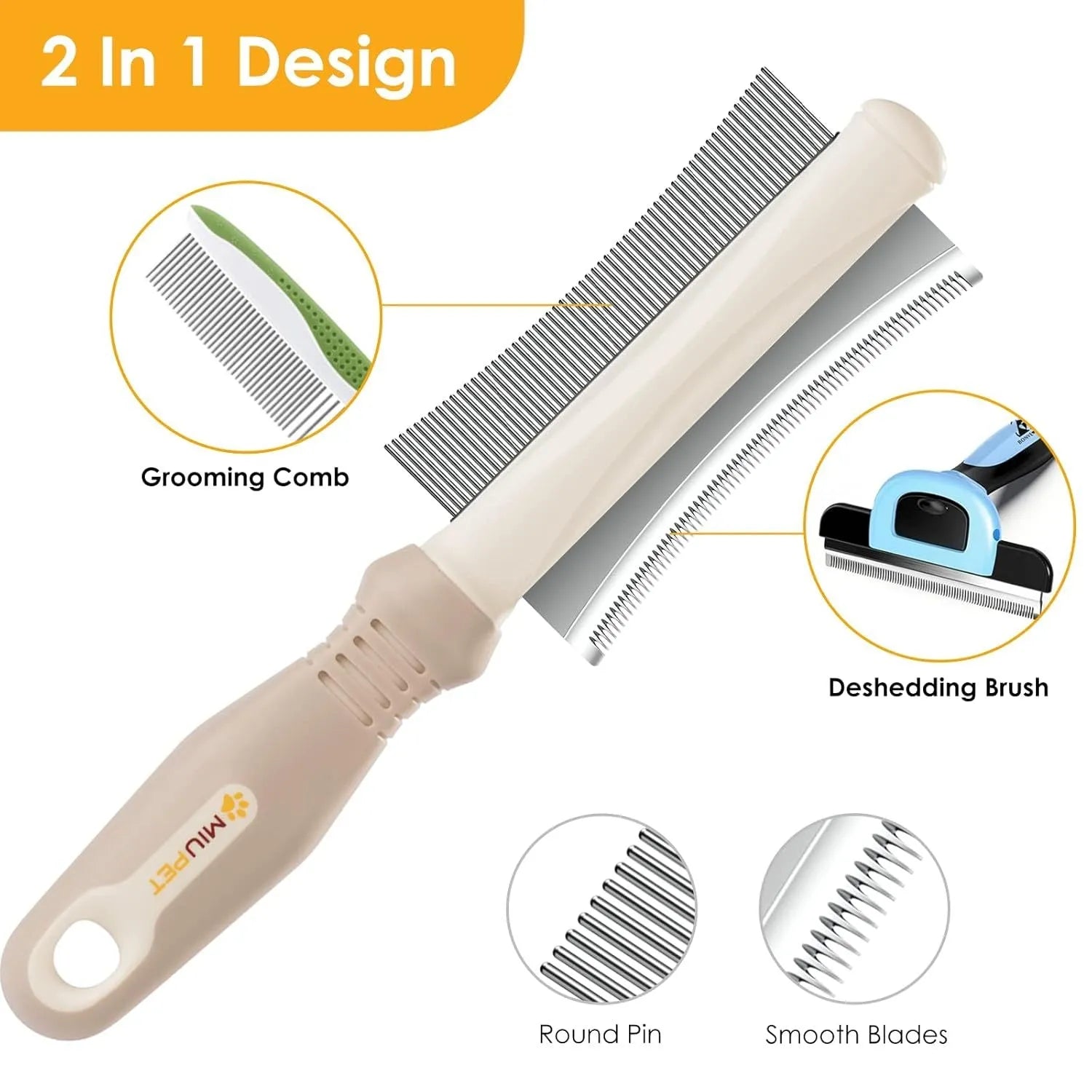White double-sided dog and cat grooming brush with curved comb and deshedding brush sides.