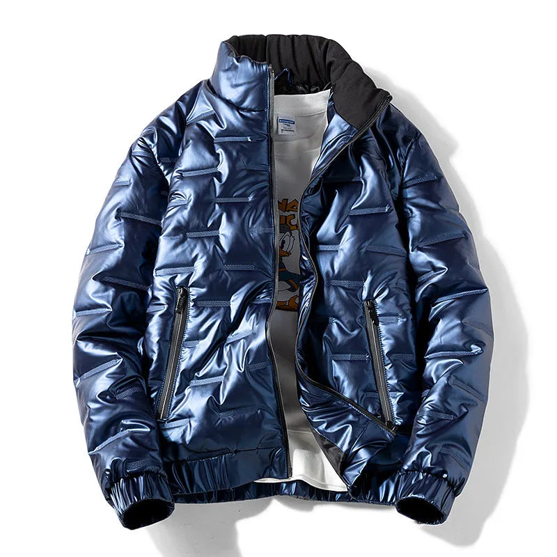Plus-size shiny thick cotton coat in solid colour with side seam pockets