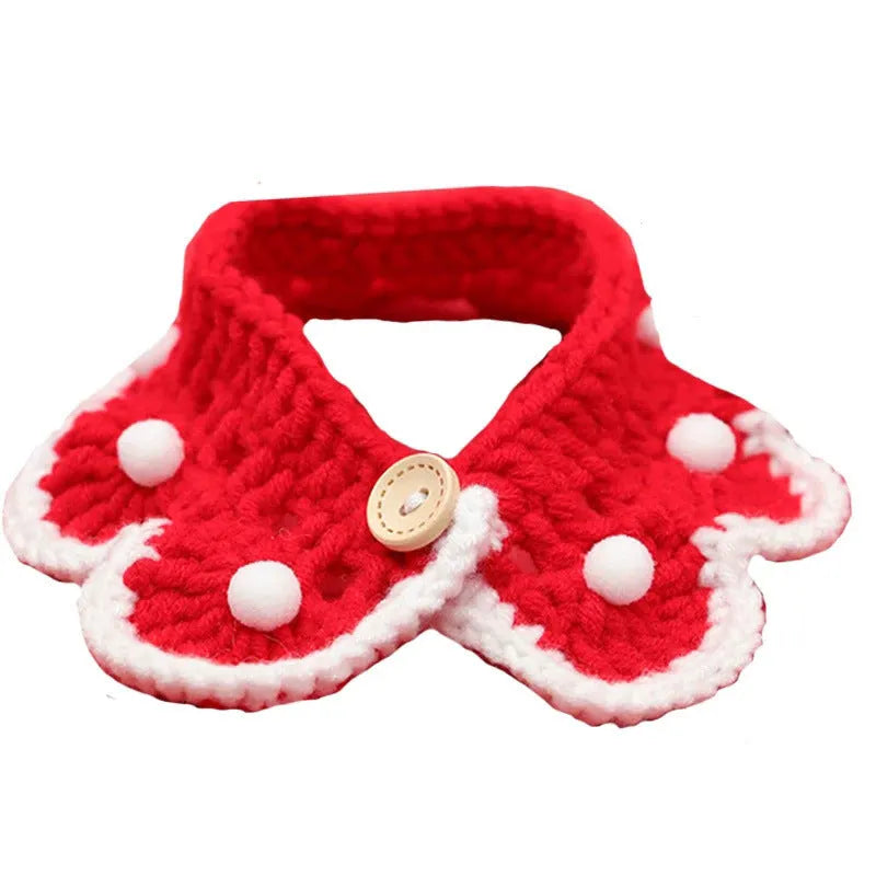 Knitted milk cotton pet collar with cartoon pattern, shown in various sizes for cats, dogs, and rabbits.