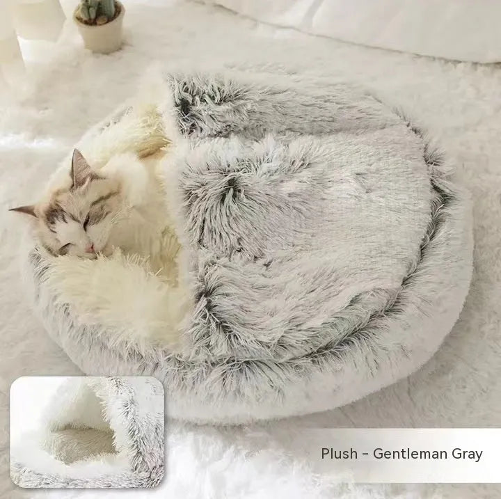 Round plush pet bed in brown for cats and small dogs, size 40cm
