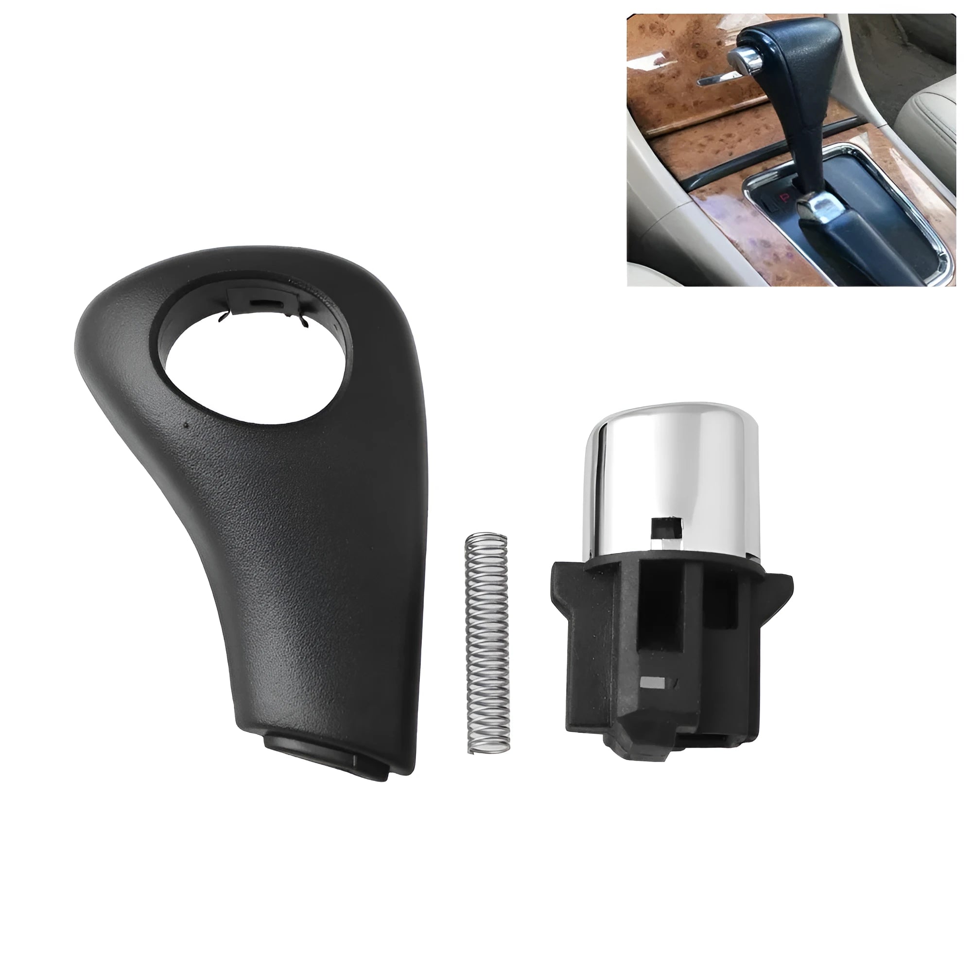 Black plastic Honda Accord gear shift button replacement kit with spring and side plate.
