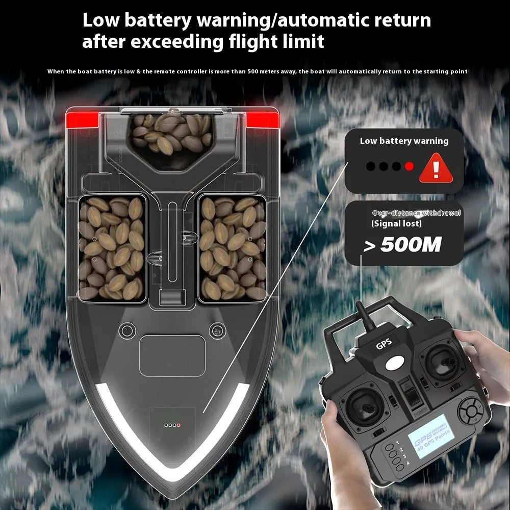 V020 GPS remote control fishing boat in luminous yellow on water, showing remote controller and handbag.