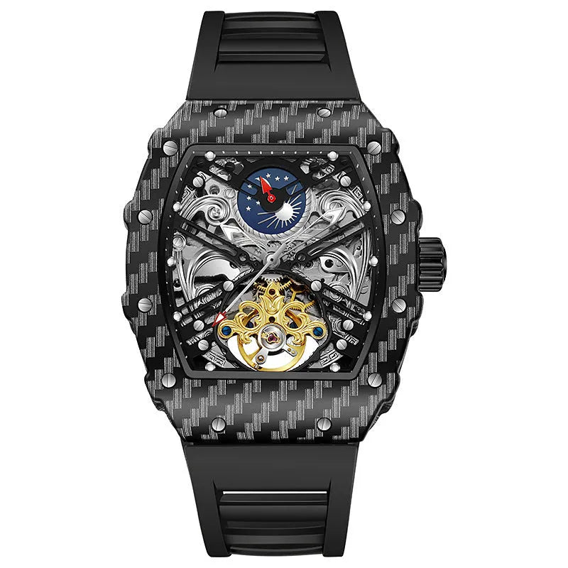 Men's automatic mechanical watch with black dial, luminous hands, stainless steel case, and black rubber strap.