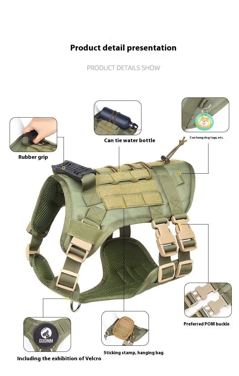 Black Oxford cloth tactical dog harness chest and back design with D-ring for walking and training