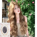 Linen brown synthetic wig with medium long curly hairstyle and hair net
