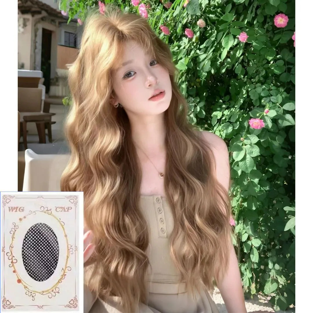 Linen brown synthetic wig with medium long curly hairstyle and hair net