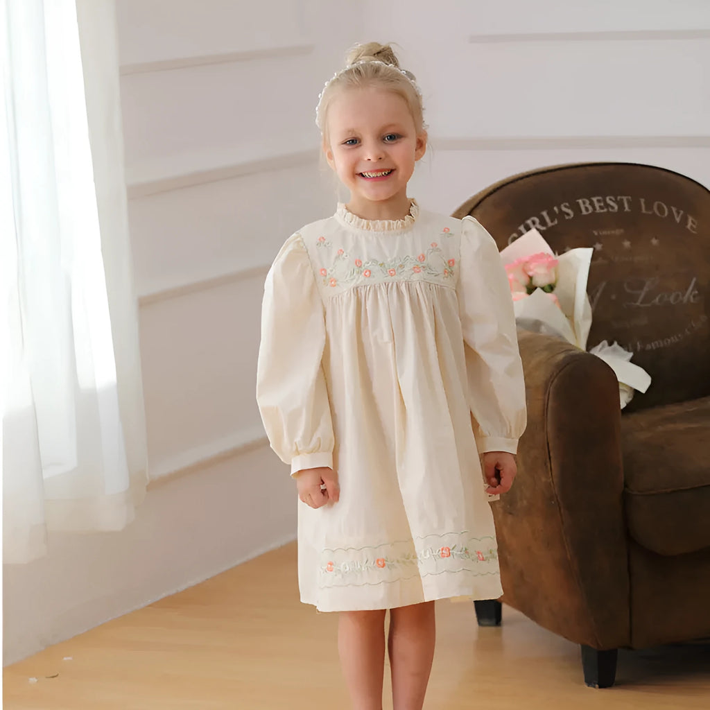 Girls apricot dress with flower embroidery, puff sleeves, and cotton lining, available in heights 90cm to 140cm