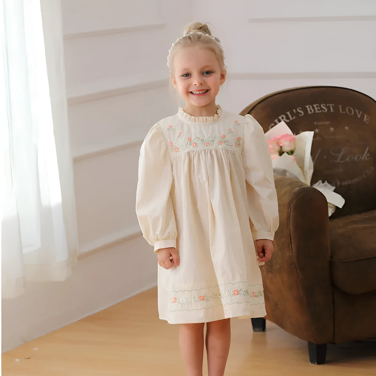 Girls apricot dress with flower embroidery, puff sleeves, and cotton lining, available in heights 90cm to 140cm