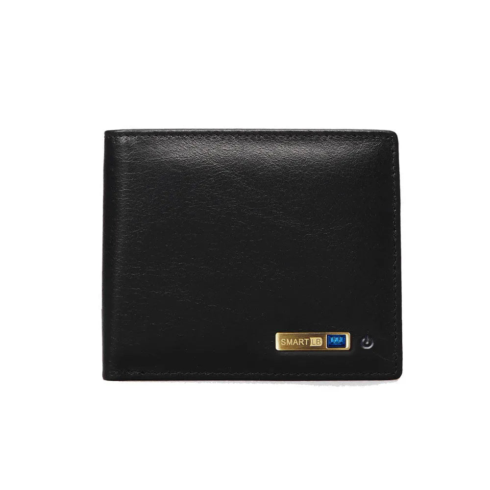 Men's smart leather wallet in brown with multiple card slots and built-in Bluetooth tracker