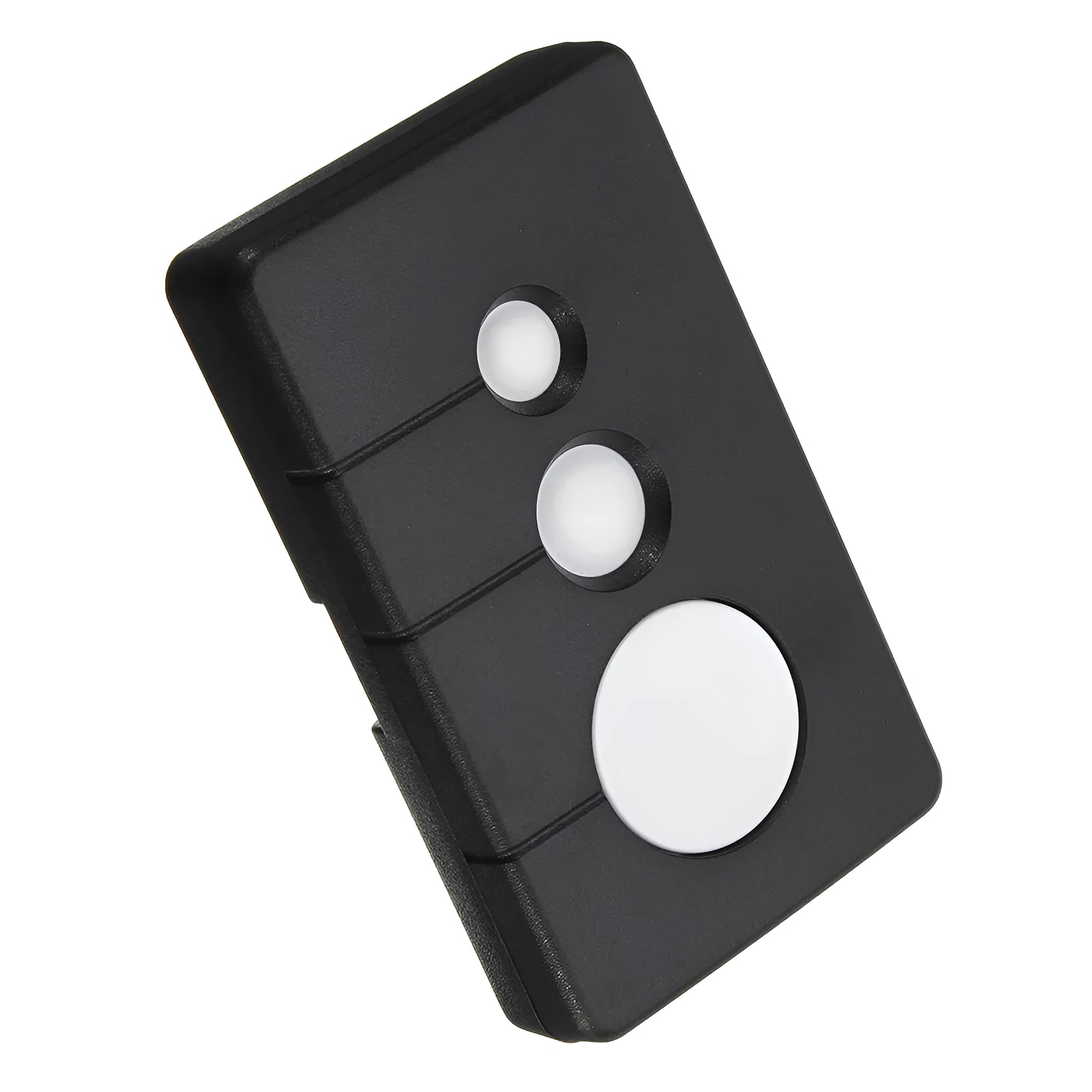 Black three-button LiftMaster compatible garage door remote control on a white background.