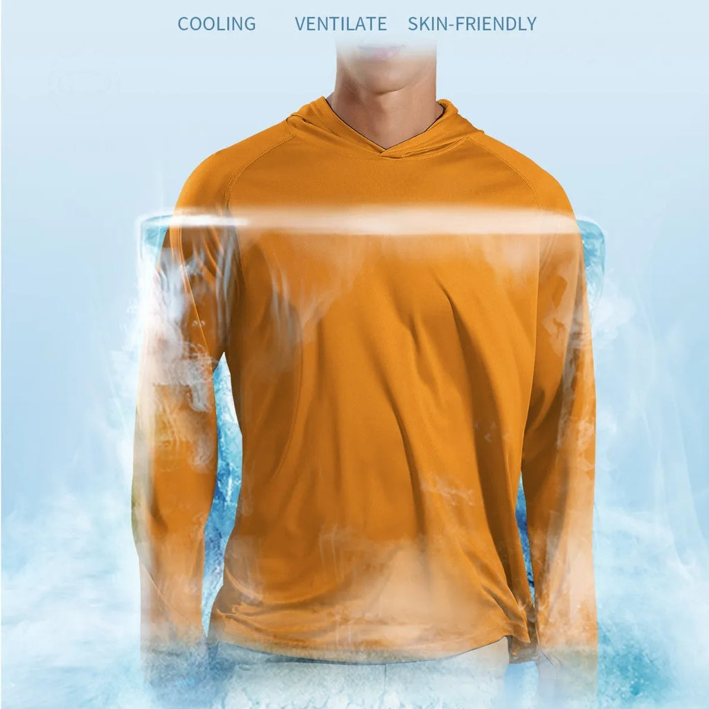 Long sleeve hooded fishing top in solid colour for outdoor UV protection.