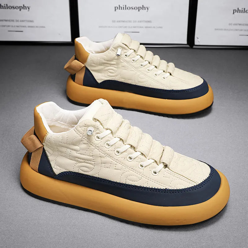 Mens black and orange leather sports casual board shoes with synthetic PU upper, PVC sole, and elastic band slip-on style