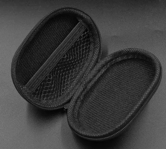 Black oval leather earphone storage bag with a zip closure, open to show soft-lined interior.
