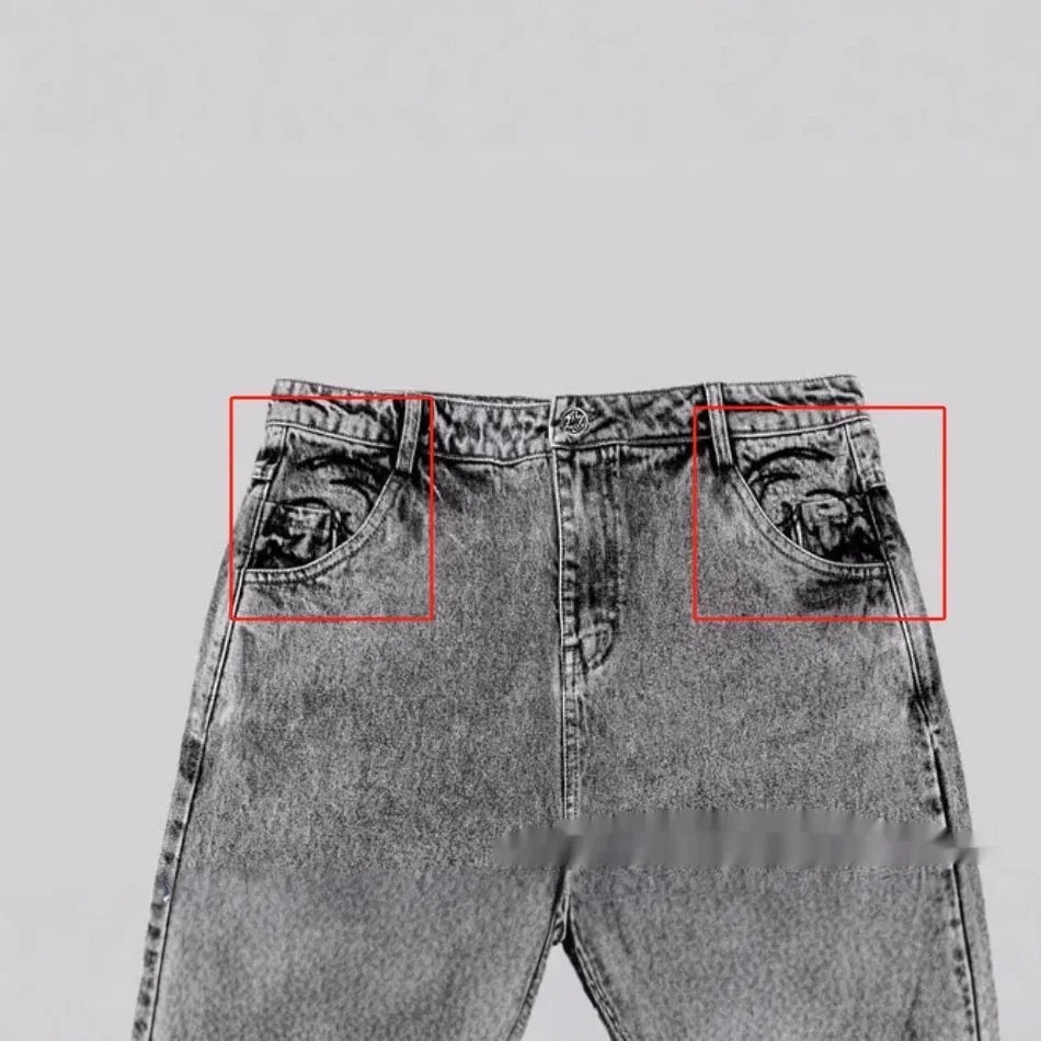 Gray loose straight-leg denim trousers with mid waist on hanger