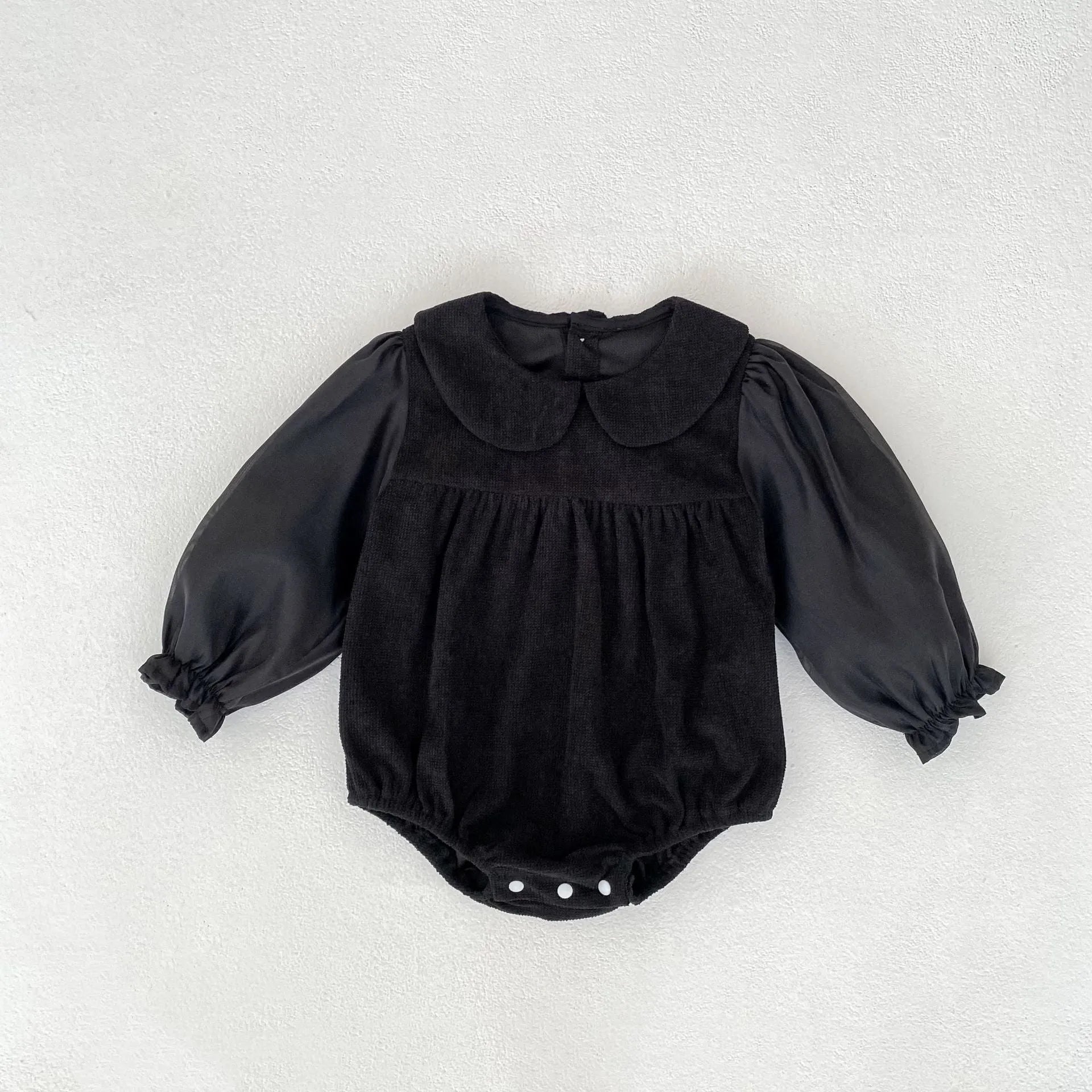 Baby girls corduroy doll collar long sleeve bottom-covering rompers jumpsuit in apricot or black