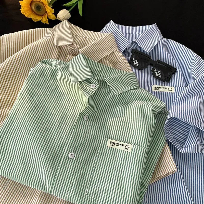 Loose blue and green striped half sleeve casual shirt with cardigan-style front